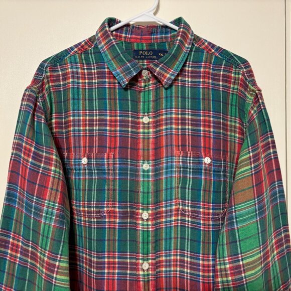 Ralph Lauren Polo Mens Red/Green Plaid Linen Twill Button-Front Shirt XXL/2XL - Picture 2 of 9